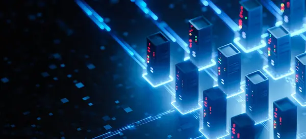 Sunucu. Dijital alan arkaplanı, veri depolama. satırdan sunucuya ışık, büyük veri, izometrik görünüm, 3d görüntüleme.