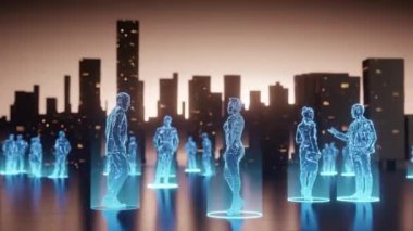 Mavi insanlar hologram stili, iş ve iletişim gelecekteki şehirde, turuncu gökyüzü