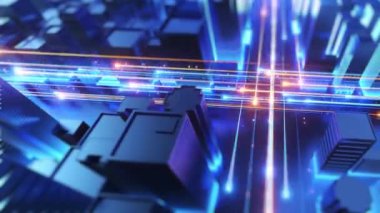 Parlayan Veri Çizgileri, büyük veriler, hızlı İnternet, mavi renk, makro üst görünüm, turuncu ve mavi akış çizgileri