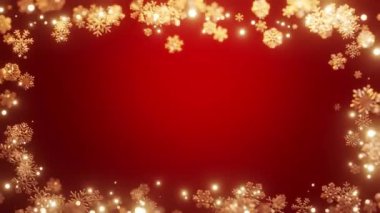 Kırmızı zemin üzerinde ışık ve parçacıklar olan Noel altın rengi kar taneleri. Parlayan parçacıklar titreşimli 44k Çözünürlük. Yeni Yıl, Tatil Konsepti.