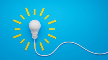 Mavi zemin üzerinde sarı ışınlar bulunan beyaz bir ampulün kavramsal görüntüsü yaratıcılığı, yeniliği, ilhamı ve parlak fikirleri temsil eder..