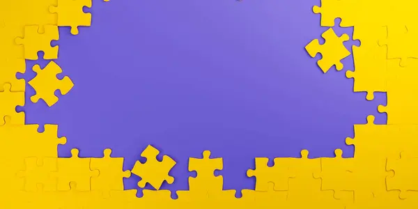 Sarı yapboz parçaları mor arkaplan çerçevesi.