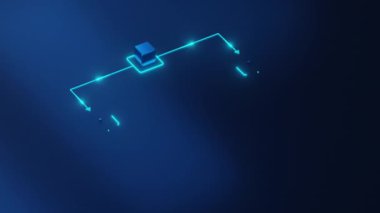 Işıldayan mavi hiyerarşik iş akışı diyagramının dijital 3D 'si, iş süreçlerini, veri akışını ve organizasyonel yapıyı fütüristik tarzda temsil eder.