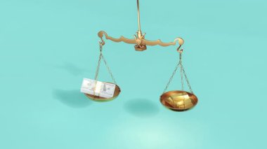 Bir tarafında para, diğer tarafında altın külçeler olan altın denge terazisi, mali değeri, serveti ve yatırım seçeneklerini sembolize ediyor..