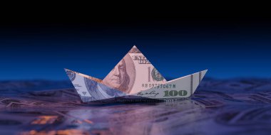 100 dolarlık banknottan yapılan kağıt bir tekne, mali risk, yatırım ve ekonomik istikrarsızlığı simgeleyen bir yüzey üzerinde yüzüyor..