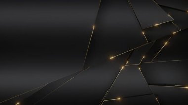 Keskin siyah geometrik şekilli, parlak altın çizgileri olan sofistike soyut arka plan modern, lüks ve kaliteli bir estetik yaratıyor..