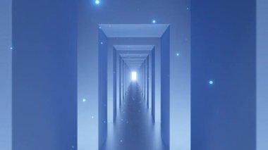 Geometrik kemerli parıldayan mavi bir koridorun soyut 3D görüntüsü, geleceği, fırsatları ve dijital uzay keşiflerini sembolize ediyor.