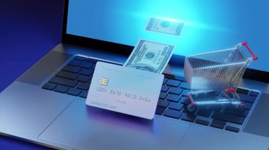 Bir dizüstü bilgisayar, bir kredi kartı ve dijital ticareti ve finansal işlemleri sembolize eden bir alışveriş arabası ile çevrimiçi alışveriş kavramını gösteren bir resim.