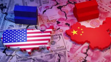 ABD-Çin ticaret savaşının sembolik imajı çatlak dolar ve Yuan banknotları, konteynerler ve bayraklı ülke haritalarını gösteriyor.