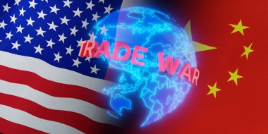 Ekonomik çatışmayı sembolize eden ABD ve Çin bayrakları arasında yerleştirilmiş 