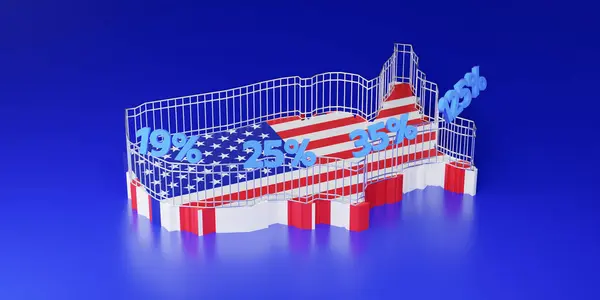 ABD 'nin bayrak renkleriyle çevrili 3D haritası bariyerler ve artan gümrük vergisi yüzdeleri, ticaret savaşı ve ekonomik etkiyi simgeliyor.