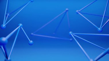 3D geometrik düğümler ve mavi arkaplandaki bağlantı çizgileri dijital ağları, bağlantıyı ve teknolojiyi temsil eder..