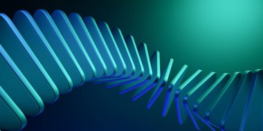 Değişen şekillerin dinamik dalgalarını temsil eden, canlı mavi ve yeşil, teknoloji ve hareketi sembolize eden fütüristik üç boyutlu tasarım..