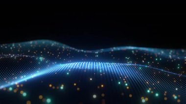 Karanlık zemin üzerinde parlayan noktalar ve ışık parçacıkları olan soyut teknoloji dalgası, dijital akışı ve veriyi temsil ediyor