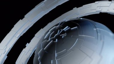 Karanlık dijital uzayda dönen segmentli halkaları ve parlayan teknolojik elementleri olan gelecekçi küre