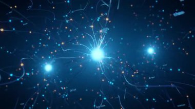Koyu mavi arkaplanda parlayan sinirsel ağ çizgileri ve dijital veri düğümlerine sahip gelecekçi yapay zeka beyni