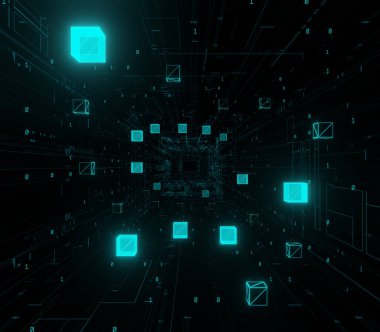 Engelleme teknolojisini, dijital veri transferini ve parlayan küplerle ağ bağlantılarını temsil eden soyut arkaplan.