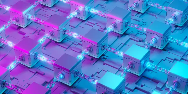 Parlayan zincirlerle birbirine bağlanmış üç boyutlu metalik blokların soyut oluşturulması, güvenli bir dijital engelleme ağını ve merkezi olmayan veri defterini sembolize eder.