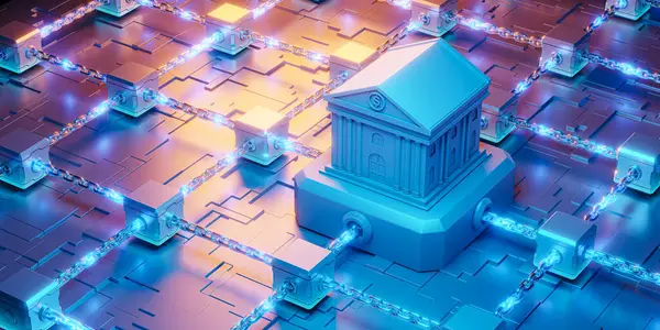 Merkezi bir bankanın merkezden bağımsız parlayan zincirlere bağlı olduğunu gösteren 3D görüntüleme, engelleme teknolojisi ve dijital finans güvenli işlemlerin geleceği ile bütünleşmeyi temsil ediyor.