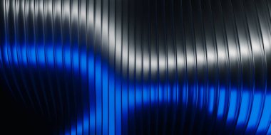 Soyut arkaplan: yansıtıcı metalik yüzeyde dikey eğri çizgiler, dinamik mavi ışık, parlak röfleler. Modern, fütürist görsel arkaplan.