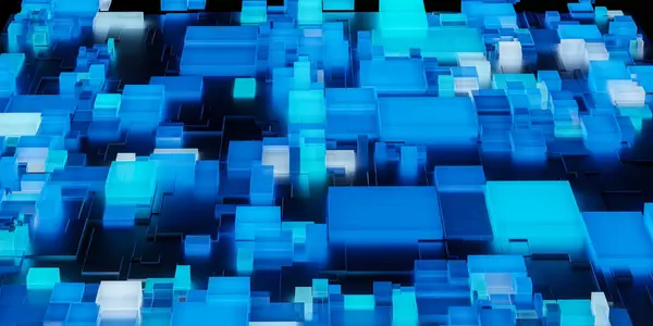 Parlayan mavi ve beyaz küpleri ve blokları olan soyut teknoloji arka planı. Dijital verileri, ağları veya gelecekteki kavramları temsil eder.