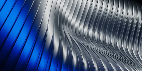 Dalgalı, parlak metalik kurdeleli, gümüş ve mavi soyut bir arka plan. Pürüzsüz yansıtıcı yüzey, modern 3D canlandırma.