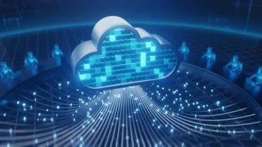 3D animasyon, bulut hesaplama, veri ağı ve teknolojik bağlantıyı temsil eden, ışık saçan veri hatları ile konsollarda çalışan soyut figürlere bağlı parlayan bir bulut simgesi tasvir eder.