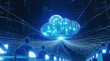 Bilgisayar, iletişim ve veri yönetimini temsil eden dijital ağ ortamında veri akışlarına erişen biçimlendirilmiş figürlerle bulut teknolojisinin soyut görselleştirilmesi.