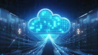 Modern bir veri merkezinde bulut hesaplama ve veri depolamasının soyut görsel temsili, sunucularla bulut arasındaki dijital ağ bağlantılarını ve bilgi akışını gösterir.