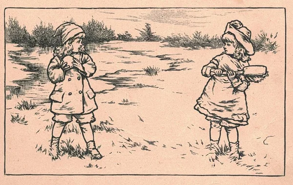 Antik Illusztráció Két Gyereket Ábrázol Télen Vintage Illusztráció Mutatja Két — Stock Fotó