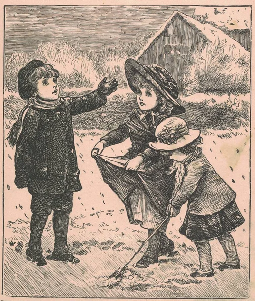 겨울철 자녀들의 비오는 가을에 아이들을 빈티지 그림입니다 그림이야 1910 — 스톡 사진