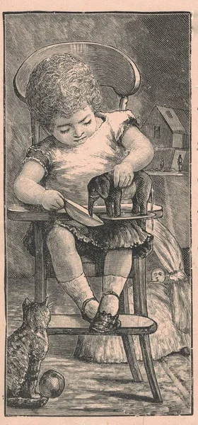 Antikk Illustrasjon Barnet Leker Med Lekeelefant Stua Vintage Illustrasjon Barnet – stockfoto