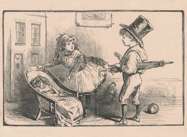 Siyah ve beyaz antika çizimler çocukların oturma odasında oynadığını gösteriyor. Klasik illüstrasyon çocukların oturma odasında oynadığını gösteriyor. Masal kitabındaki eski resim. Hikaye kitabı illüstrasyonu 1910 'da yayınlandı.