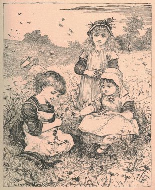 Siyah ve beyaz antika çizimler çayırdaki küçük kızları gösteriyor. Klasik fevkalade illüstrasyon, çayır üzerindeki bir grup küçük kızı gösteriyor. Masal kitabındaki eski muhteşem resim. Hikaye kitabı illüstrasyonu 1910 'da yayınlandı.
