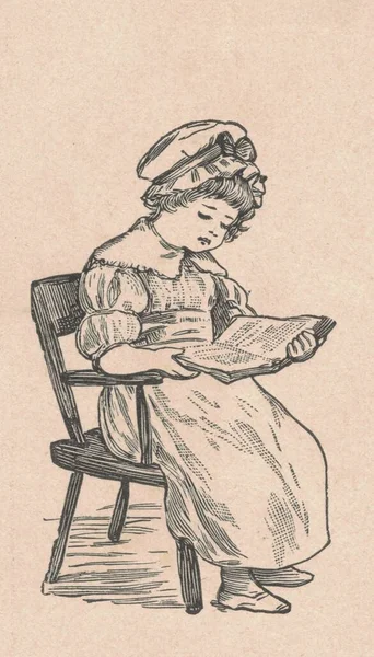 黒と白のアンティークイラストは本を読んでいる小さな女の子を示しています ヴィンテージイラストは本を読んでいる少女を示しています おとぎ話の本から古い写真 ストーリーブックイラスト1910年発行 — ストック写真