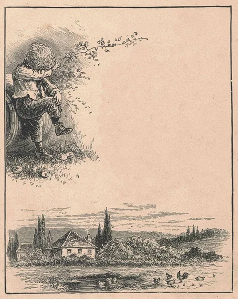 Antieke Illustratie Toont Een Beetje Droevig Jongen Landschap Vintage Illustratie — Stockfoto