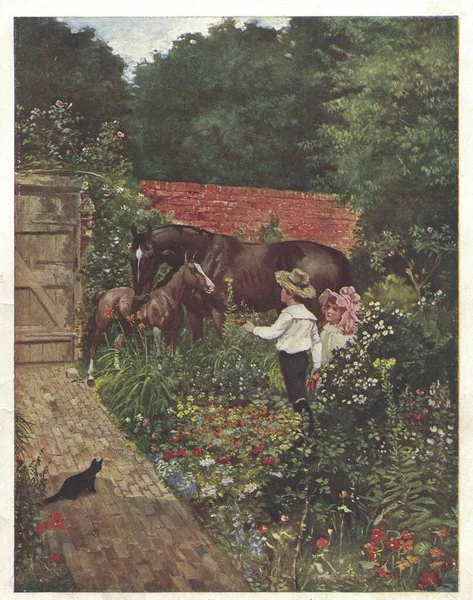 Színes Antik Illusztráció Mutatja Gyerekek Lovak Kertben Vintage Illusztráció Mutatja — Stock Fotó
