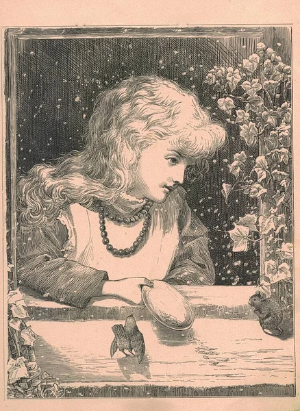 Black & white antique illustration shows a fair-haired little girl and her friendly pets. Vintage illustration shows a fair-haired little girl and her friendly pets. Old picture from fairy tale book. Storybook illustration published 1910.