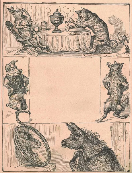 Black & white antique illustration shows various animals. Vintage illustration shows drawn animals. Old picture from fairy tale book. Storybook illustration published 1910.