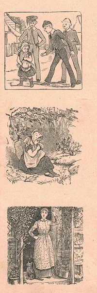 黑白古董三幅插图 古色古香的插图展示了许多人的照片 童话书里的老照片 1910年出版的故事书插图 — 图库照片