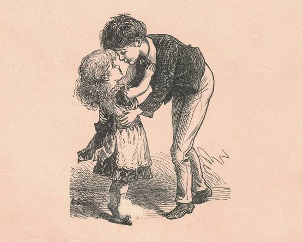 Ασπρόμαυρη Απεικόνιση Αντίκες Δείχνει Δύο Χαριτωμένα Παιδιά Αδέλφια Vintage Εικόνα — Φωτογραφία Αρχείου