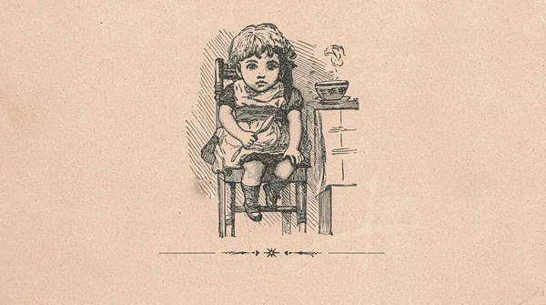 黒と白のアンティークイラストは台所に座っている小さな女の子を示しています ヴィンテージイラストはキッチンに座っている小さな女の子を示しています おとぎ話の本から古い写真 ストーリーブックイラスト1910年発行 — ストック写真