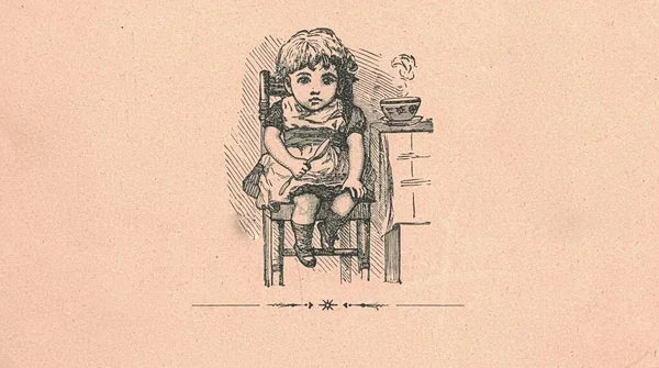 Black & white antique illustration shows a little girl sitting in the kitchen. Vintage illustration shows a small girl sitting in the kitchen. Old picture from fairy tale book. Storybook illustration published 1910.
