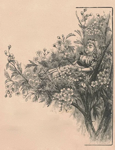 黒と白のアンティークイラストは 枝の上に横たわる女の子を示しています ヴィンテージのイラストは 枝に横になっている若い女の子を示しています おとぎ話の本から古い写真 ストーリーブックイラスト1910年発行 — ストック写真