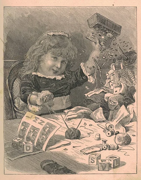 Black & white antique illustration shows a girl playing with sewing kit. Vintage illustration shows the girl playing with sewing set. Old picture from fairy tale book. Storybook illustration published 1910.