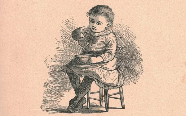 Черно Белая Антикварная Иллюстрация Показывает Маленькую Девочку Играющую Пузырьковым Воздуходувом — стоковое фото