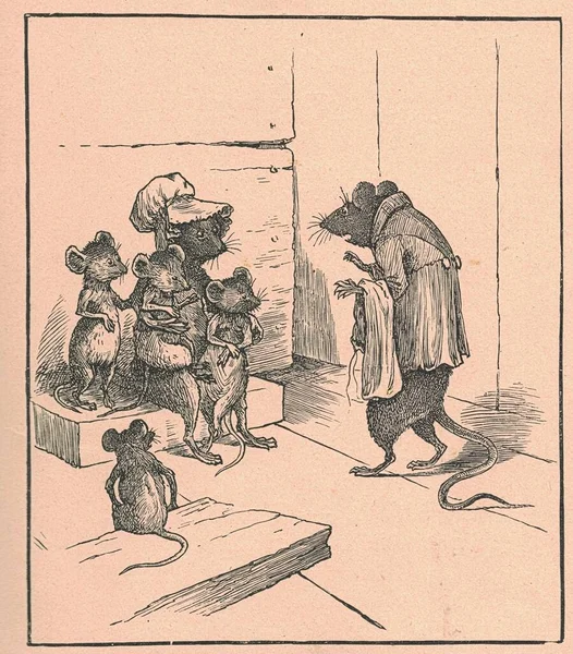 Black & white antique illustration shows a father mouse, a mother mouse and their cubs. Vintage illustration shows a father mouse, a mother mouse and their cubs. Old picture from fairy tale book. Storybook illustration published 1910.