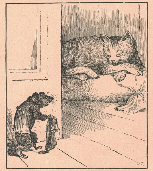 Black & white antique illustration shows a cat and a mouse. Vintage illustration shows a little mouse and the cat. Old picture from fairy tale book. Storybook illustration published 1910.