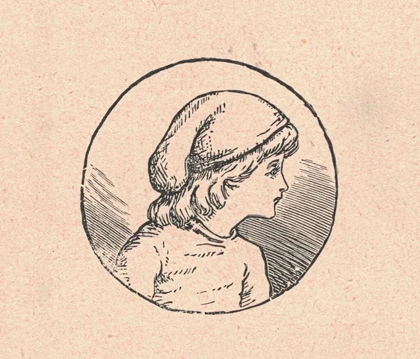 黑白古董插图显示一个戴着侏儒帽的小男孩 古色古香的插图显示一个戴着侏儒帽的小男孩 童话故事书中的老照片 1910年出版的故事书插图 — 图库照片