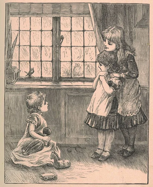 Czarno Biała Antyczna Ilustracja Pokazuje Małe Dziewczynki Bawiące Się Środku — Zdjęcie stockowe